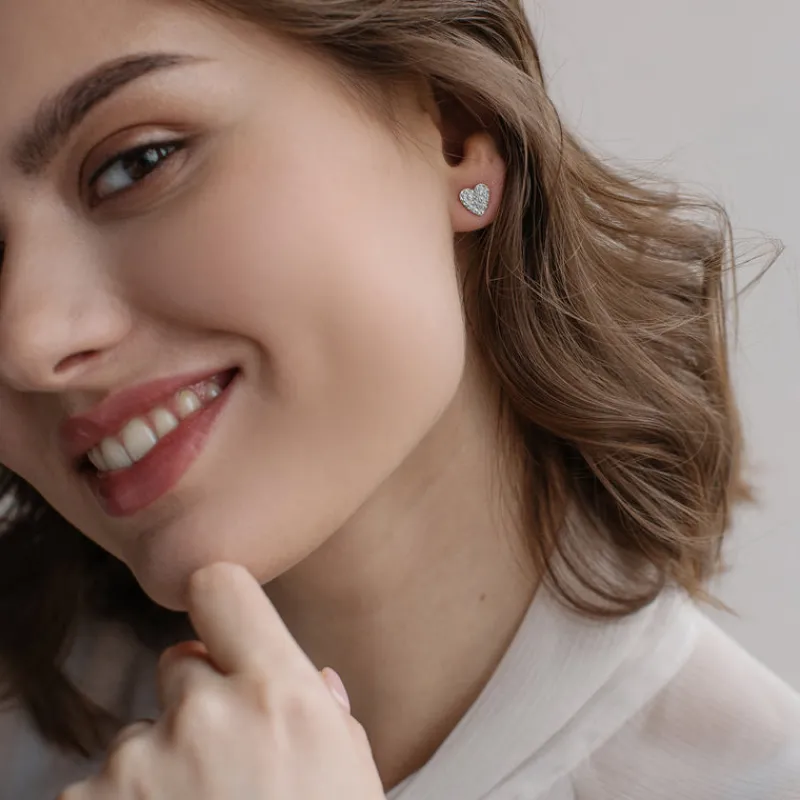 Simply Whispers Crystal Pave Heart Stud Earrings Stainless Steel Fashion