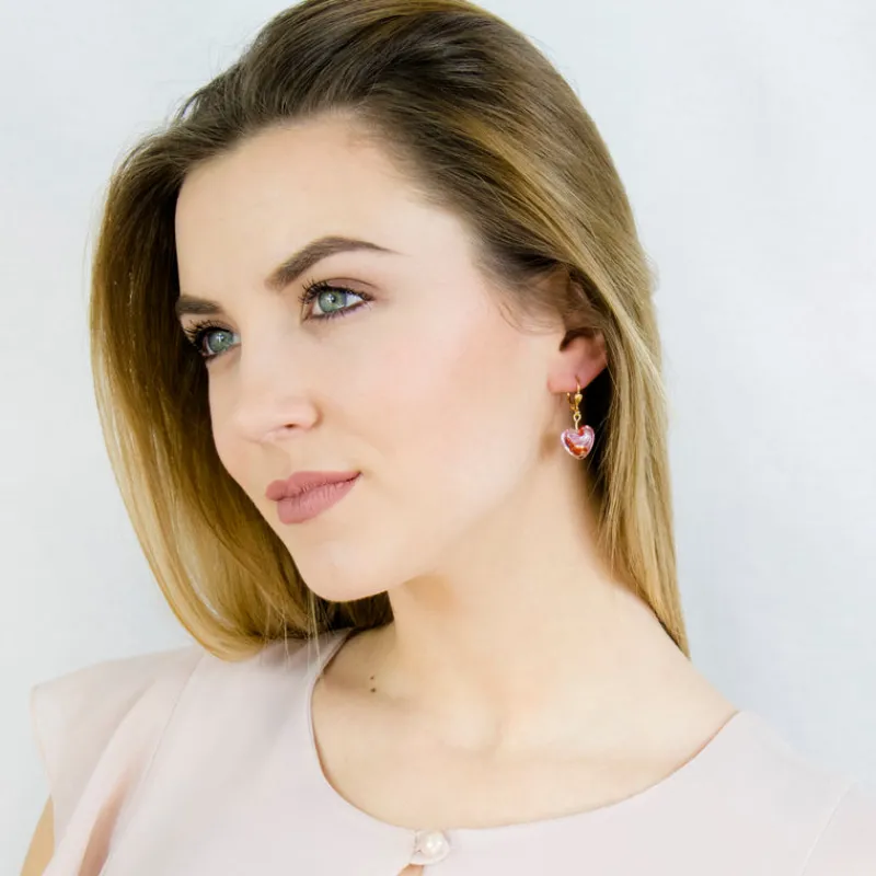 Simply Whispers Gold Plated Pink And Red Glass Heart Leverback Earrings Fashion
