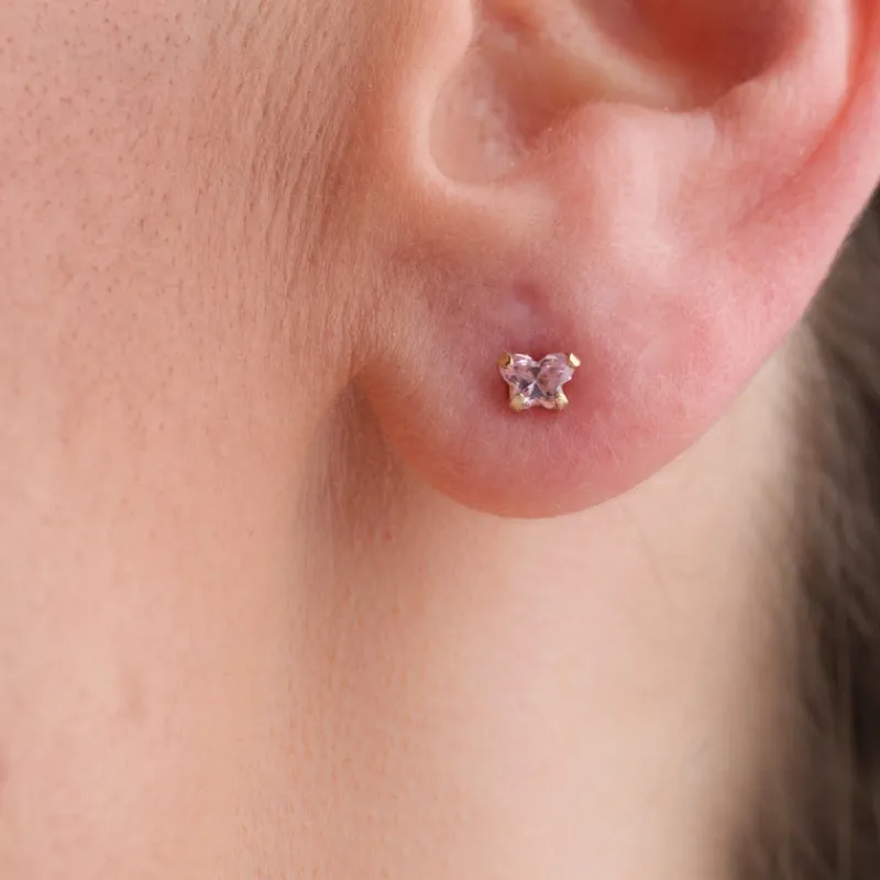 Simply Whispers 14k Yellow Gold Mini Pink Butterfly Stud Earrings New