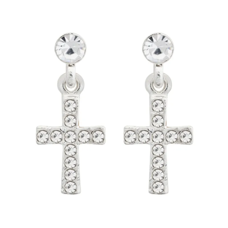 Simply Whispers Silver Crystal Cross Drop Earrings Fashion
