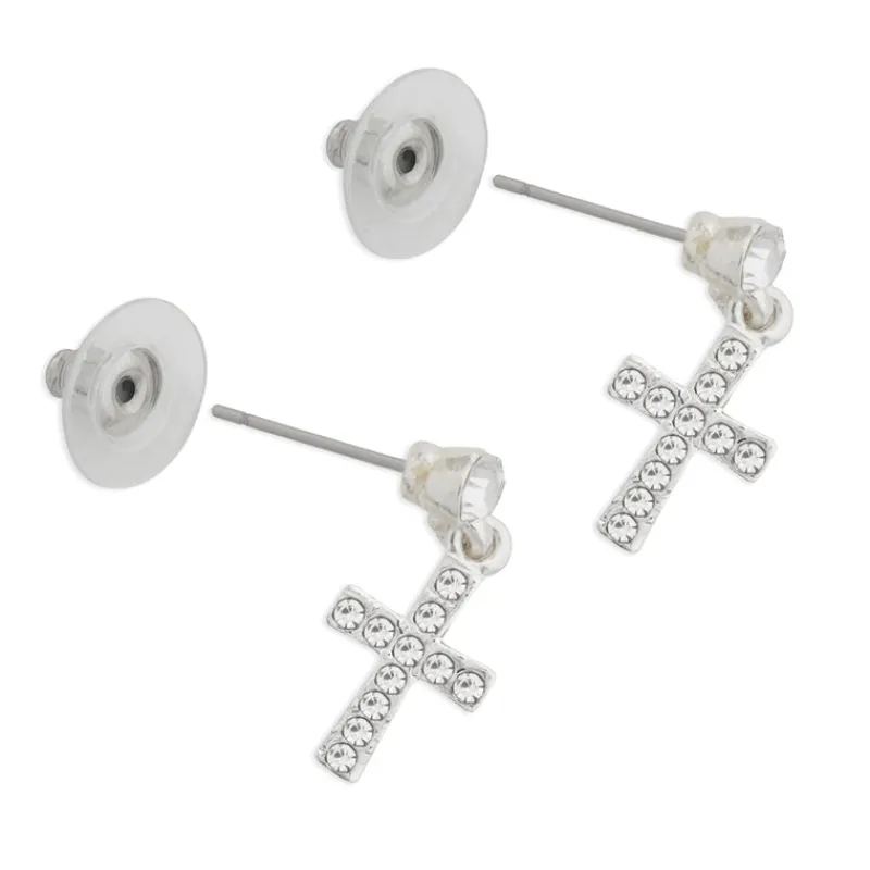 Simply Whispers Silver Crystal Cross Drop Earrings Fashion