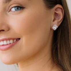 Simply Whispers Silver Stud Earrings 10mm Square Crystal Sale