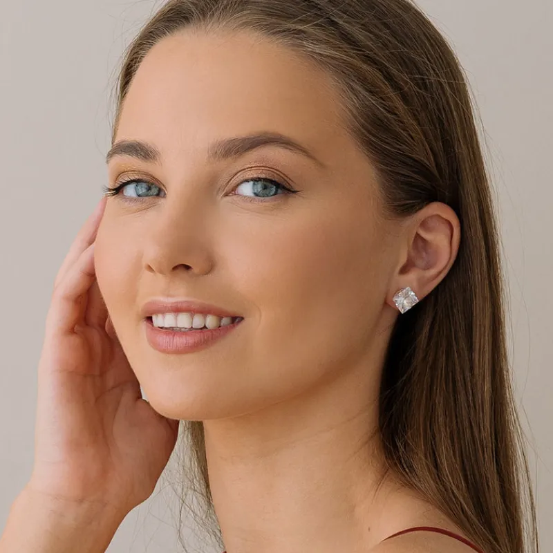 Simply Whispers Silver Stud Earrings 10mm Square Crystal Sale